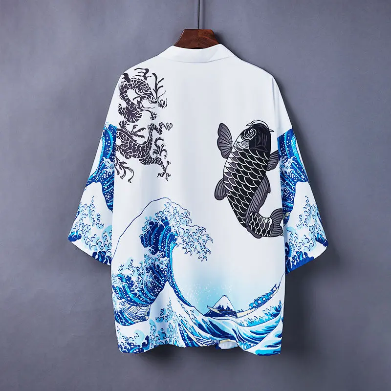 TOP Japanese Antique Ukiyo-e Painted Carp Print Feather Weaving Chinese Style Seven-Quarter Sleeve Hanfu Kimono Cardigan Summer Sunscreen Clothing Uniforms Womenswear Workwear Cowl Polyester Aesthetic Casual Piece Traditional Floral Strap