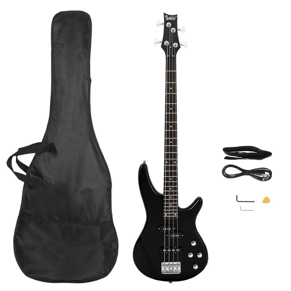 Full-Size 4-String Black Electric Bass Guitar Kit with Guitar Strings, Split Single-Coil Pickups, Fixed Chrome Bridge, Acoustic Styling & Included Accessories - Festival Gift for New Learners