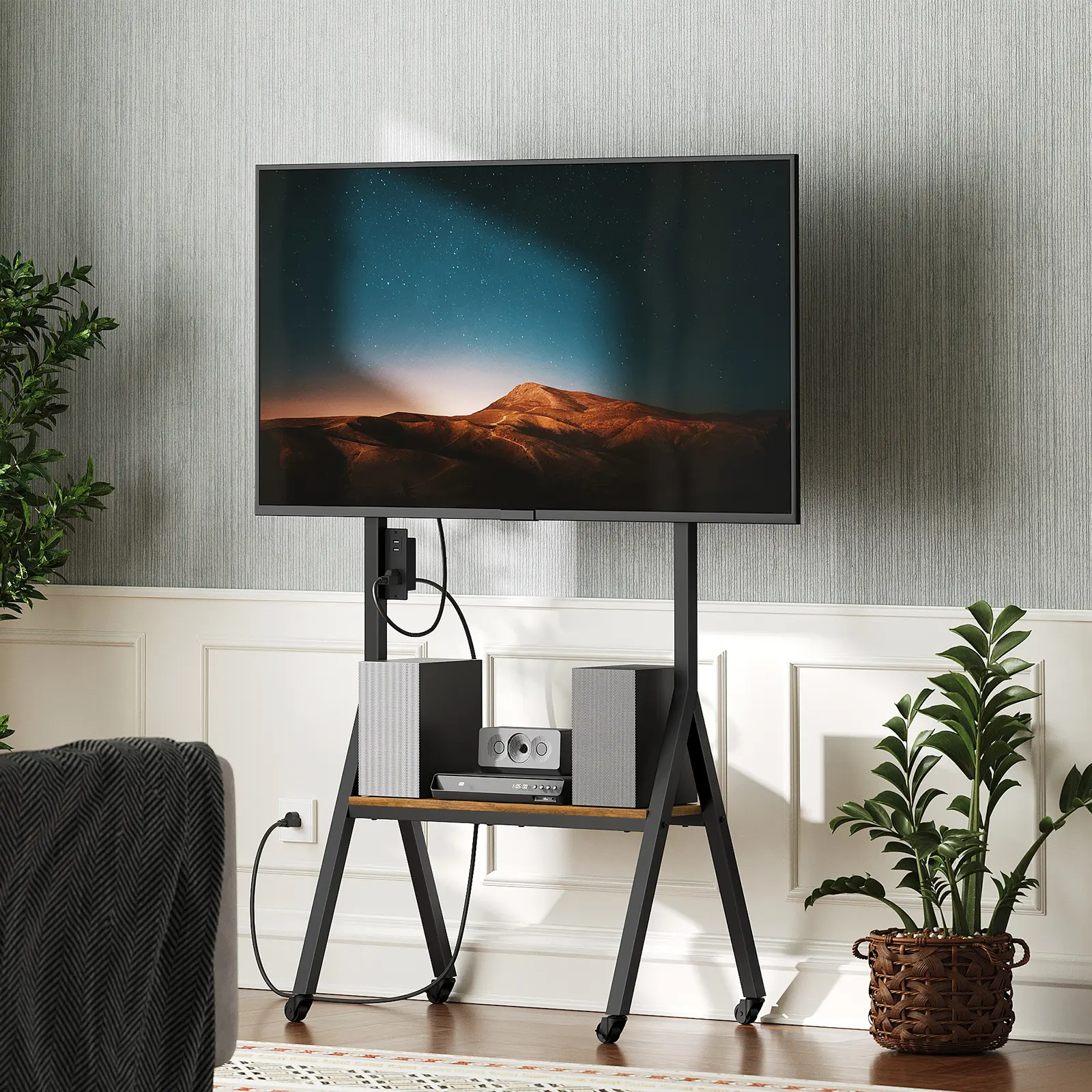 YATINEY Sturdy Rolling TV Stand - Industrial Metal Frame Mobile Design Cart with Locking Casters, Extra Storage Open Shelf, AC Outlet, Speedy Setup Swivel Mount, Supports 50", 27.6"l x 17.7"w x 50"h, for Living Room, Conference Room