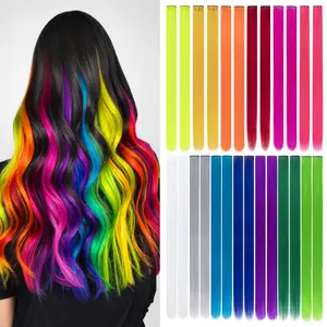 HIUSVO Colored Hair Extensions 20Inch Straight Multi-Colors Clip in Hair Extension Rainbow Party Highlights Synthetic Hairpiece for Girls