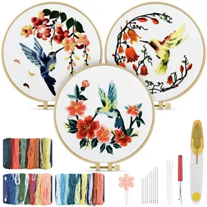 3 Sets Hummingbird Embroidery Kit for Beginners – DIY Flower Stitching Craft Set with Needles & Thread