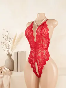 YIAII Women's Floral Lace Bodysuit Deep V Plunge Criss Cross Open Back Cutout Teddy Lingerie