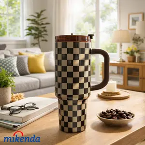 1pc 40oz Plaid Stainless Steel Insulated Tumbler, Vacuum Insulated Cup, With Handle, Lid And Straw, Brown Checkered, Portable Travel Mug, Ideal For Office And Home Use, Perfect Gift For Friends On Valentine's Day, Birthdays, And Other Holidays