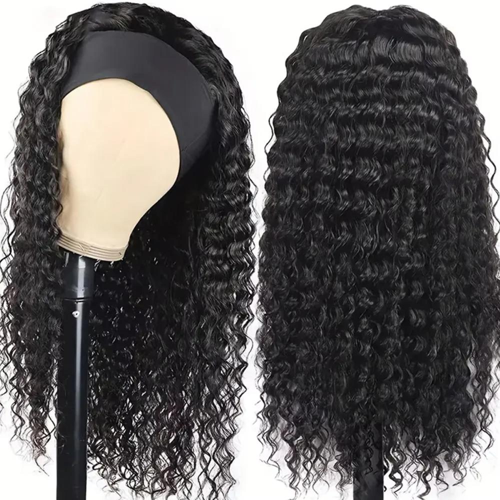 Deep Wave Headband Wig Human Hair 180% Density Wigs For Women 100% Real Hair Wigs Full Machine Made Wigs Natural Black Hair