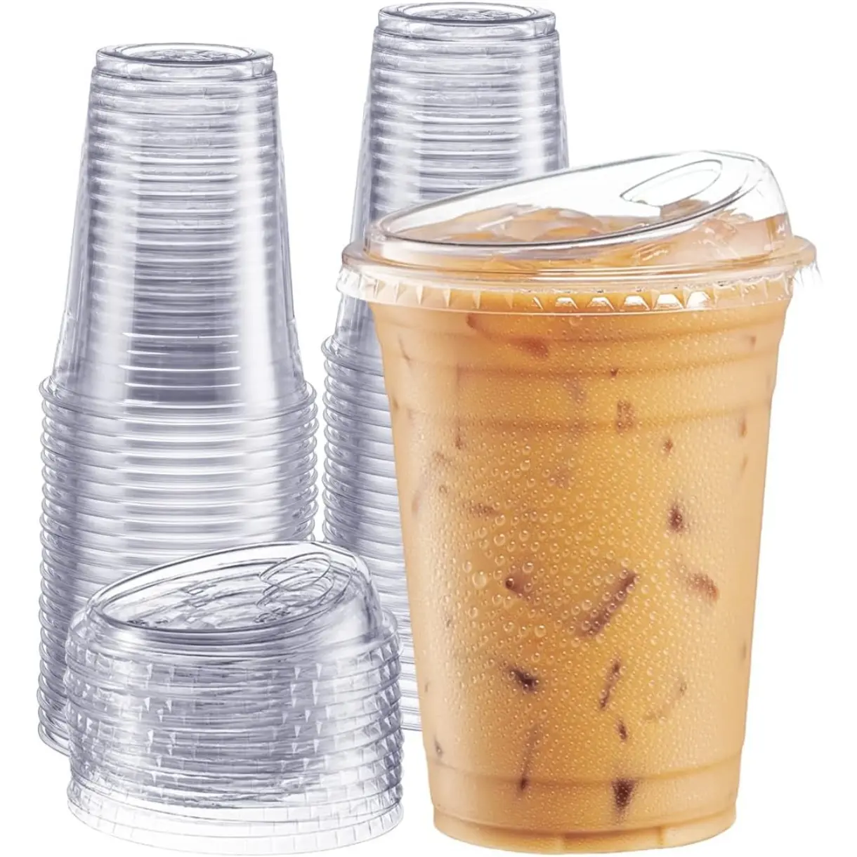 Clear Plastic Cups with Lids [16 oz - 100 Count] - Disposable Iced Coffee Drink Cups with Strawless Sip Lids for Smoothies, Juices, and More - (Formerly Comfy Package)