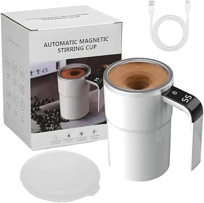 Rechargeable Automatic Magnetic Self-Stirring Coffee Mug with Lid, Stainless Steel Insulated Mixing Cup with LCD Temperature Display, Electric Auto Stir Mug for Coffee, Milk,Tea & Protein Powder, 12.85oz Gift for Mother’s Day,Graduation,Home Office Travel