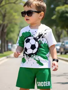 Boys' Sports Style Sportswear Set, Splash Effect Football Print T-Shirt, Socra Text Shorts, Summer Casual Wear Toddler