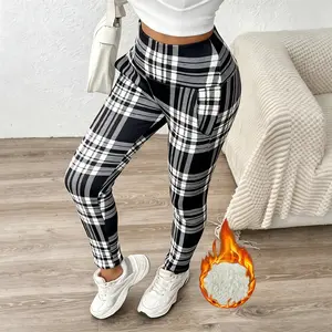 Women's Plaid Print Thermal Lined Thick Leggings, Casual Comfy High Waist Skinny Pants for Daily Wear, Ladies Bottoms for Winter