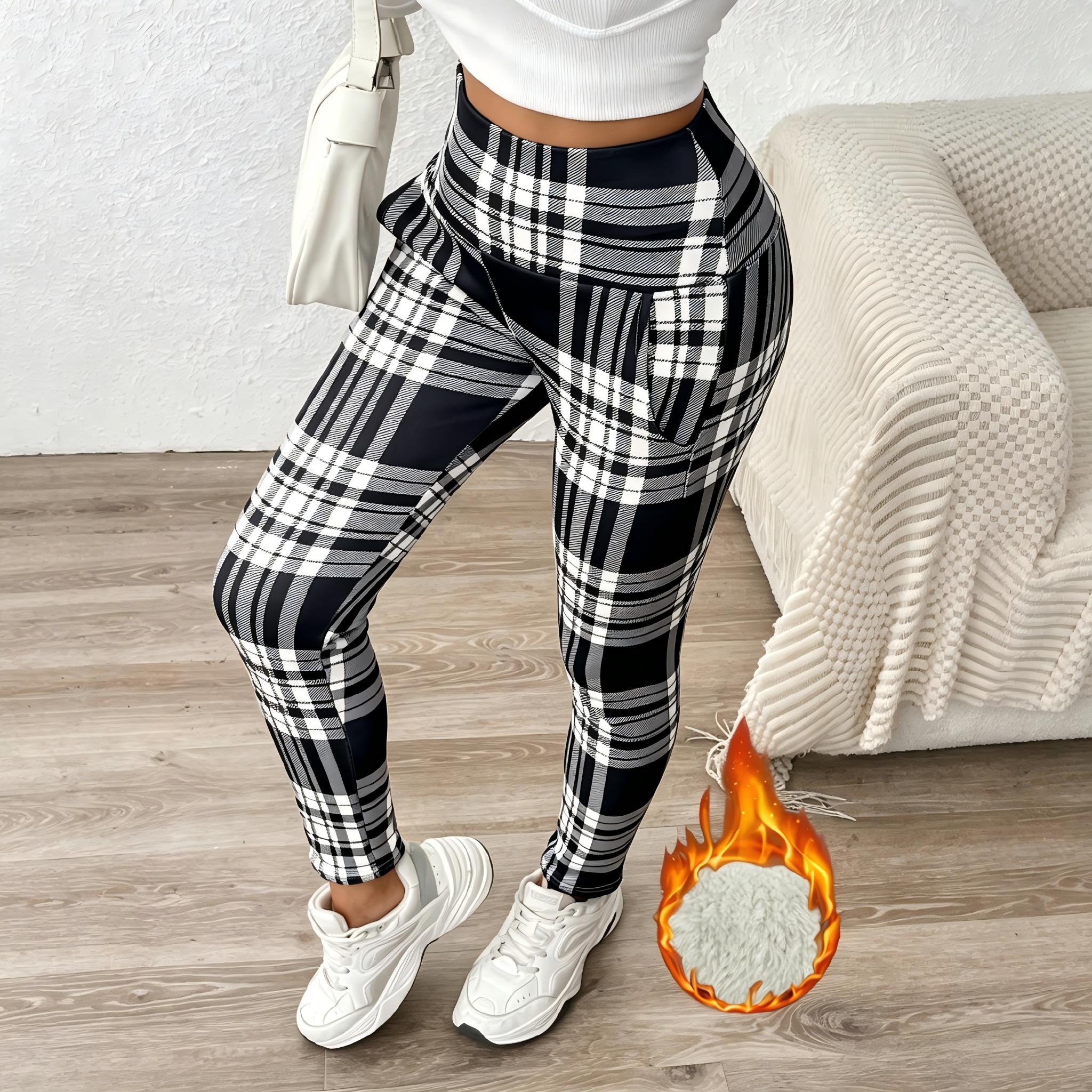 Women's Plaid Print Thermal Lined Thick Leggings Casual Comfy High Waist Skinny Pants for Daily Wear Ladies Bottoms for Winter Fashion Womenswear
