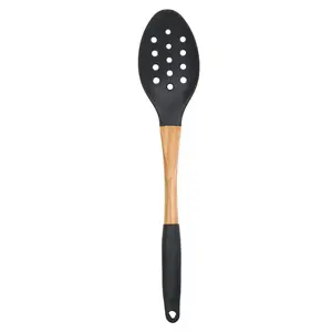 BEILLE Grey Nylon Slotted Spoon with Wooden Handle 13 Inch High Heat Resistance Kitchen Utensil Ergonomic Grip & Slot for Easy Hanging Storage