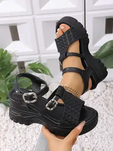 Women's Woven Thick Sole Wedge Sandals, Summer Breathable Casual Shoes, Vintage Style, Comfortable and Stylish Footwear