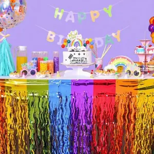 4 Pack Metallic Tinsel Fringe Table Skirts, Wavy Foil Party Decorations for Birthday Wedding Holiday, Reusable Table Decors, Colorful Fringe Backdrop for Bridal Shower Pride Party, Premium Party Supplies