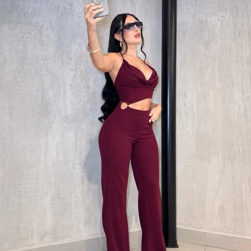 Women’s Burgundy Cut Out Wide Leg Jumpsuit