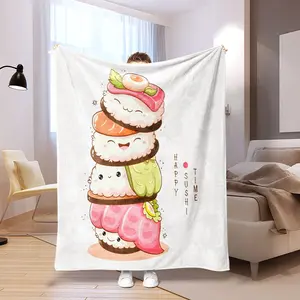 Soft Flannel Blanket with Cute Sushi Print, Warm and Skin-Friendly, Easy to Store, Ideal for Home, Office, Travel, Multi-Scene Use