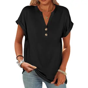 Womens Short Sleeve Henley Tops V Neck Dressy Casual Blouses Summer Trendy Tee Shirts 2026 Vacation Fashion ClothesGift