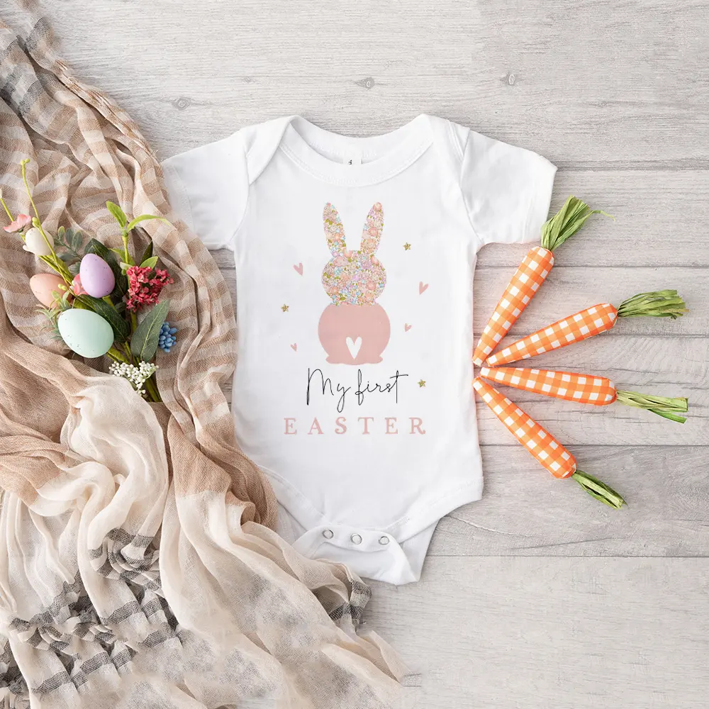 Baby Girls' Fitted Cotton Easter Bodysuit - Short Sleeve Crew Neck Romper, Bunny Print, Snap Buttons, Skin-Friendly, Envelope Neck, Machine Washable, All-Season Kids' Animal Top, All Seasons