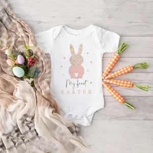 My First Easter&bunny Pattern Print Girls Baby Romper Loose Comfort Funny Casual Jumpsuit Short Sleeve Bodysuit Easter Baby Gift