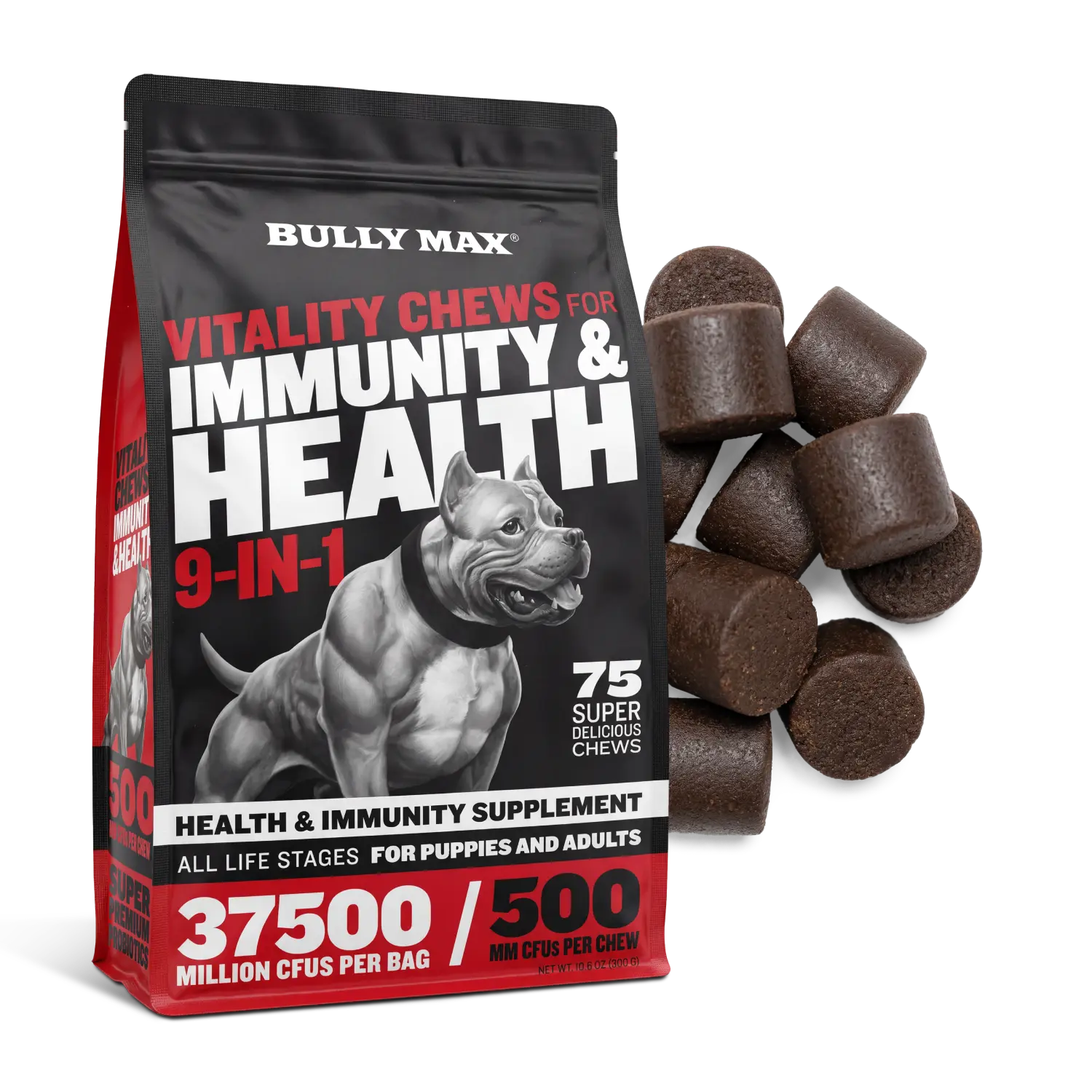 9-in-1 Bully Max Dog Supplement for Allergy Relief, Joints, & Probiotics for Gut Health - Soft Chew, Easy to Feed, No Artificial Colors or Flavors. Made and ships from USA.