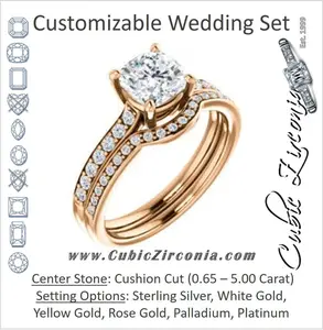 CZ Wedding Set, featuring The Monikama engagement ring (Customizable Cushion Cut Thin Band Design with Round Accents)