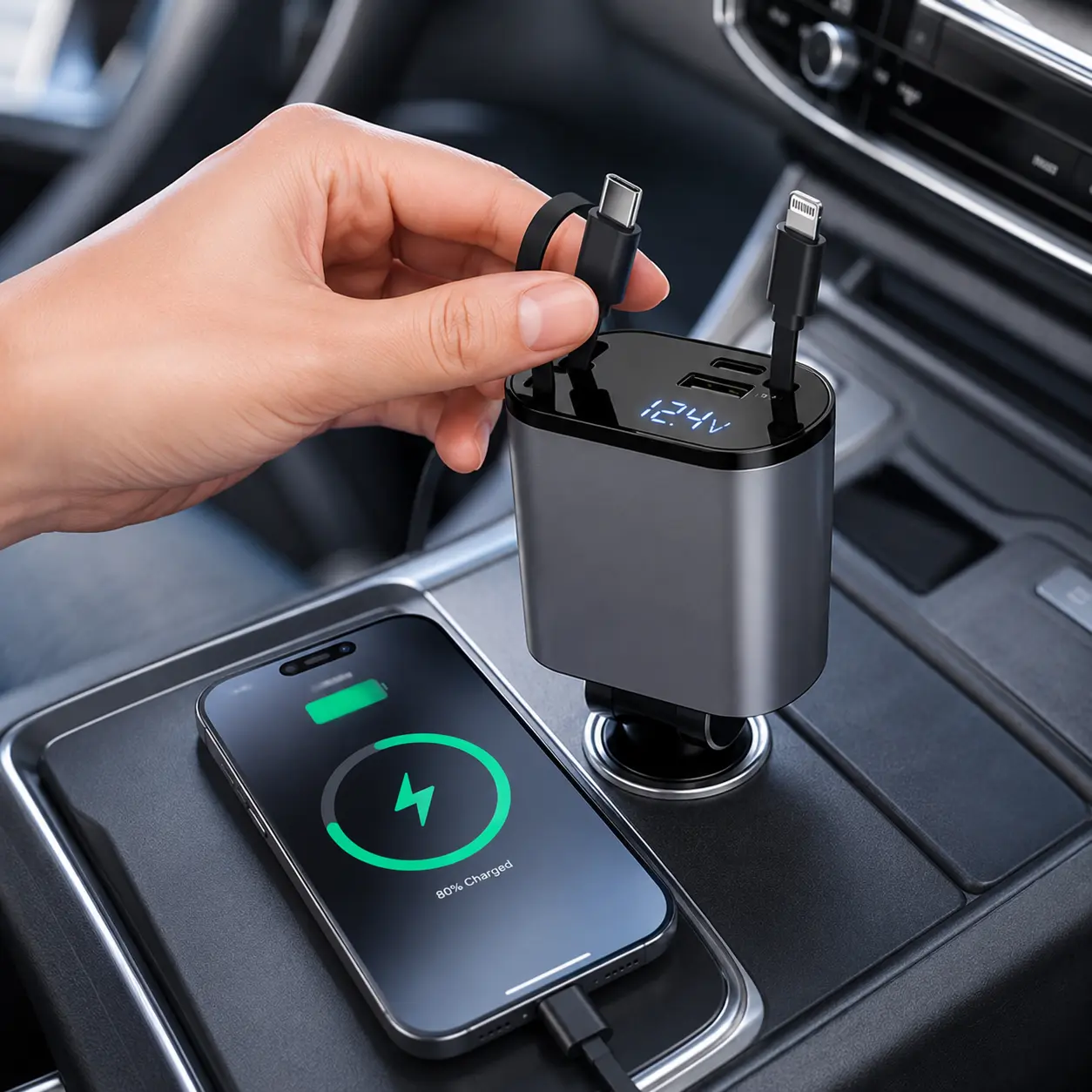 4 in 1 Starlight Retractable Car Charger, 180° Rotatable Plug Multi USB Port Auto Charger Adapter, Tangle-Free Retractable Vehicle Charger Compatible with All Phones & Vehicles