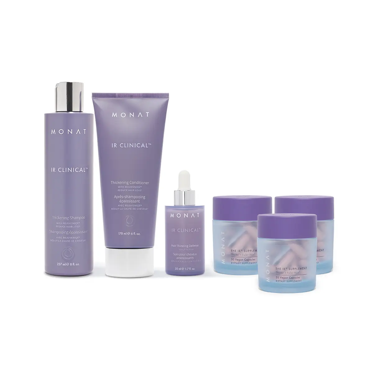 MONAT 3 Month Marathon Transformation - IR Clinical Thickening Shampoo, Conditioner, Serum and IR Supplement.