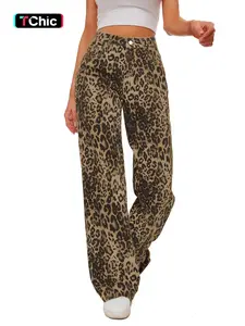 Women's Leopard Print High Waist Wide Leg Jeans, Casual Loose Straight Pants with Pockets, Punk Style Floor-Length, All-Season Wear