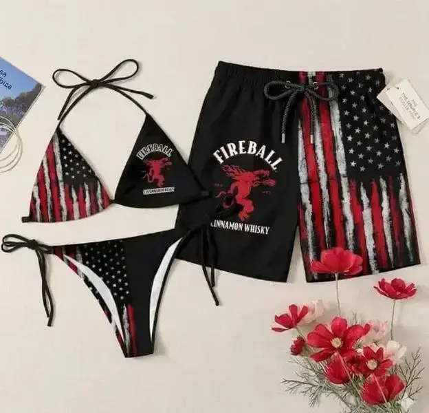 Fireball American Flag Couple Swimwear – Matching Bikini & Men’s Swim Shorts, Patriotic His & Hers 4th of July Beach Vacation Swimsuits