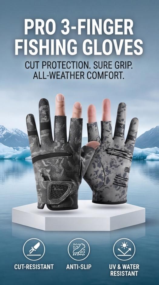 Professional three-finger outdoor fishing gloves, unisex, puncture-proof & cut-proof, non-slip, durable, breathable, sun-protective and waterproof. Ideal for angling & lure fishing.