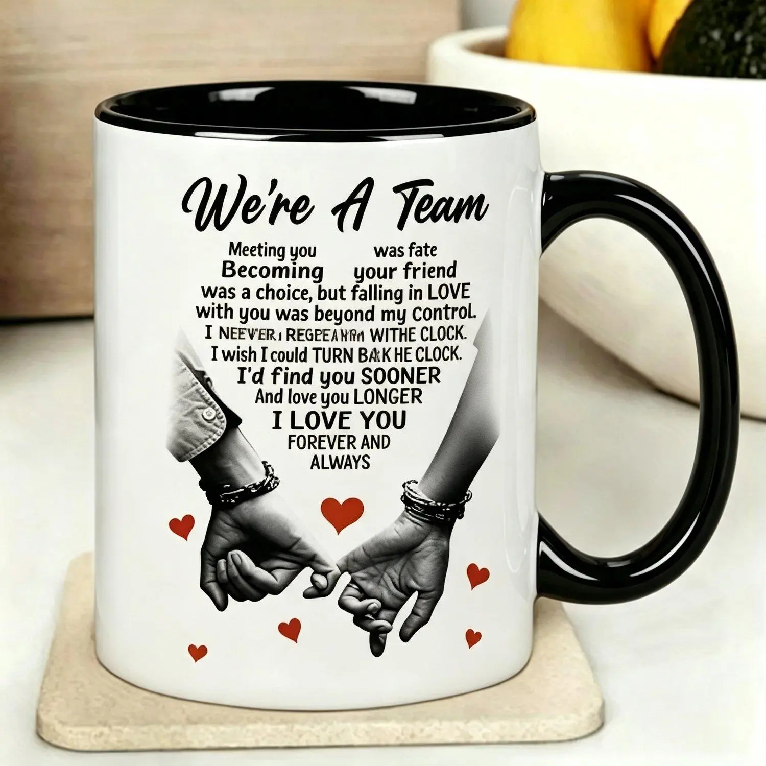 Couple Love Gift Ceramic Mug 'We'Re A Team Interlocked Hands Heart Romantic Poem Quote Great Gift for Anniversaries Birthdays Valentine'S Day Christmas Gift for Husband Wife Partner