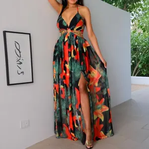 Women's Floral Print Chain Decor Split Thigh Tie Back Cami Dress, Casual Ring Linked Halter Backless Maxi Dress For Beach Holiday Vacation, Ladies Summer Clothes