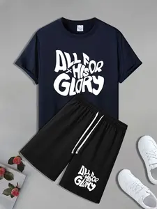 Men's Regular Fit All for His Glory Print Short Sleeve Tee & Shorts Set, Casual Fashion Round Neck T-shirt & Shorts for Daily Wear, Men's Two-piece Outfits for All Seasons