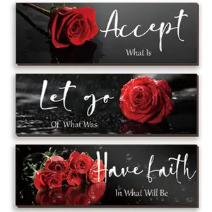 3 Pcs Red Decor Flower Inspirational Wooden Wall Art Red Roses Office Wall Decor with Accept Let Go Have Faith Positive Quotes for Girl Women Bathroom Living Room Bedroom