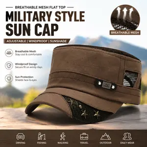 Breathable Mesh Flat Top Military Style Sun Cap With Metal Star Decor, Adjustable Windproof Sunshade Hat, Ideal For Driving, Fishing, Walking, Travel Outdoor Daily Wear For Men & Women