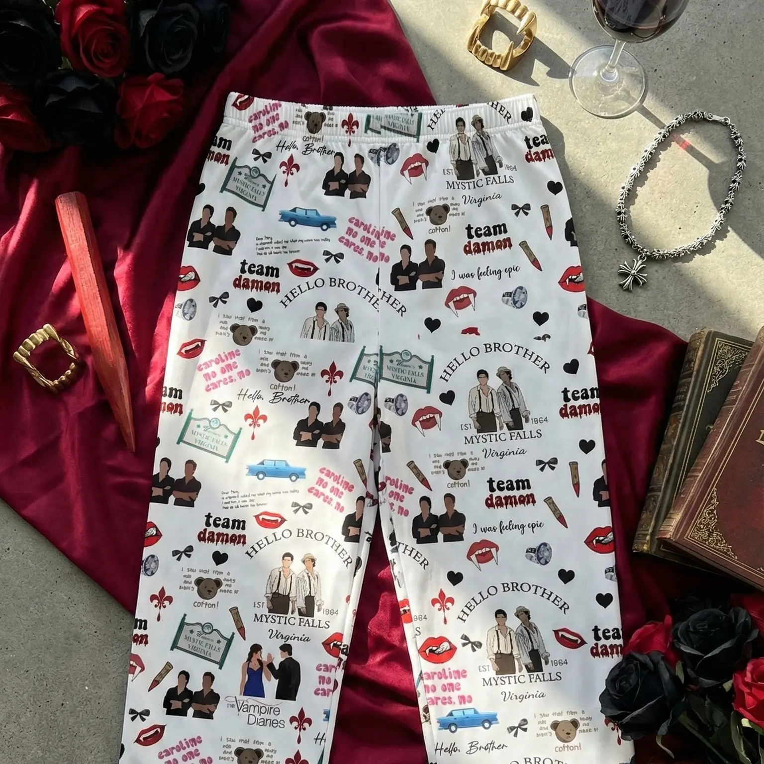 Vampire D1aries Pajamas Trousers, Damon Salvatore Long Pants With Stickers On, Hello Brother Sleepwear, Damon Stefan Merch, Halloween Merch