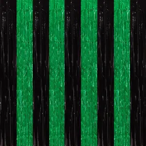 Black and Green Fringe Backdrop Curtain 2026 Graduation Parties 2 count 3.3x6.6 ft Metallic Tinsel Foil Fringe Photo Booth Backdrop Door Streamers for Birthday Soccer Themed Party Decorations