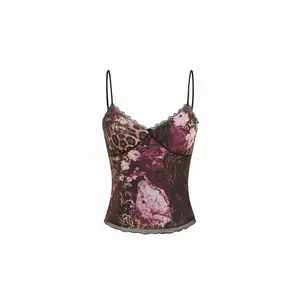 Cider Mesh Leopard & Floral Graphic V-Neck Lace Trim Cami Top