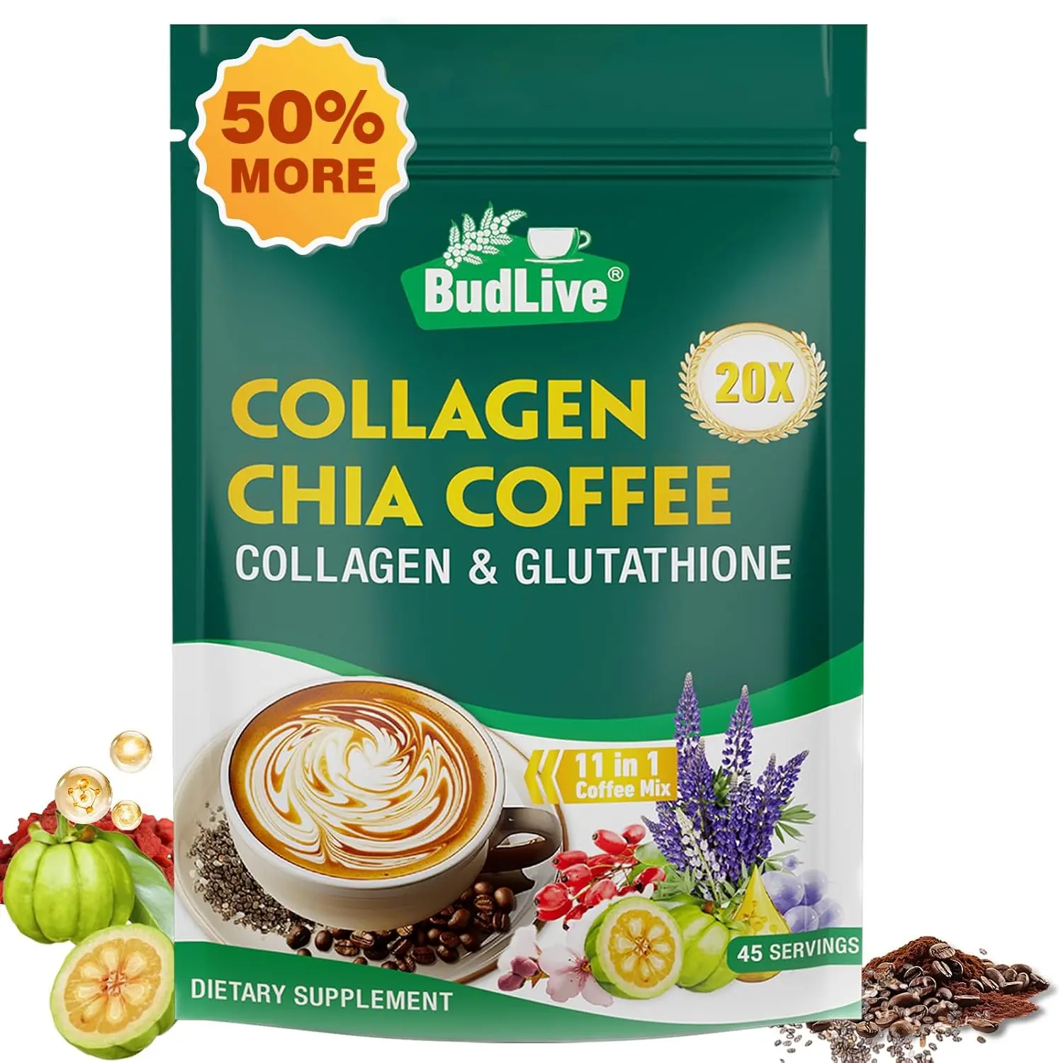 20X Collagen Chia Coffee, 11-in-1 Instant Coffee Mix with Collagen, Chia Seeds & Goji Berry, Sugar-Free Vegan Blend, 45 Servings for Daily Wellness