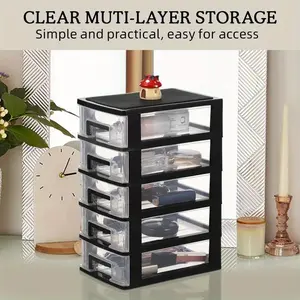Multifunctional 5-layer plastic locker with drawers - water and dust resistant home office finish - black and transparent