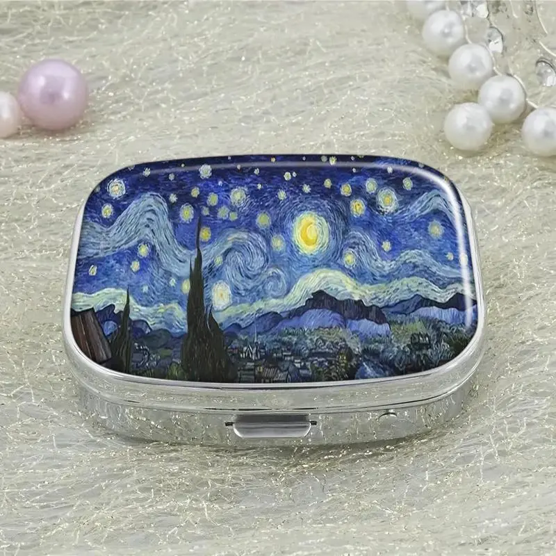 Starry Night Pattern Pill Box, 2-compartment Pill Case, Rectangle Decorative Medicine Box, Pill Organizer, Vitamin Organizer, Medical Organizer, Healthcare for Pocket Purse and Travel, Portable Vitamin Organizer