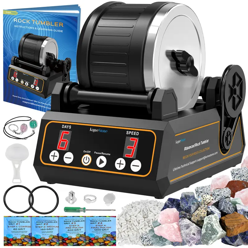 KomeStone K1 Classic Edition Professional Rock Tumbler & Polisher Kit for Kids+4yo - 2.5LB Soft Rubber Barrel, 3-Speed Control, Digital Timer, Memory Function, Adjustable Belts, Art Craft Handcraft DIY Beading Jewelry Making Ready