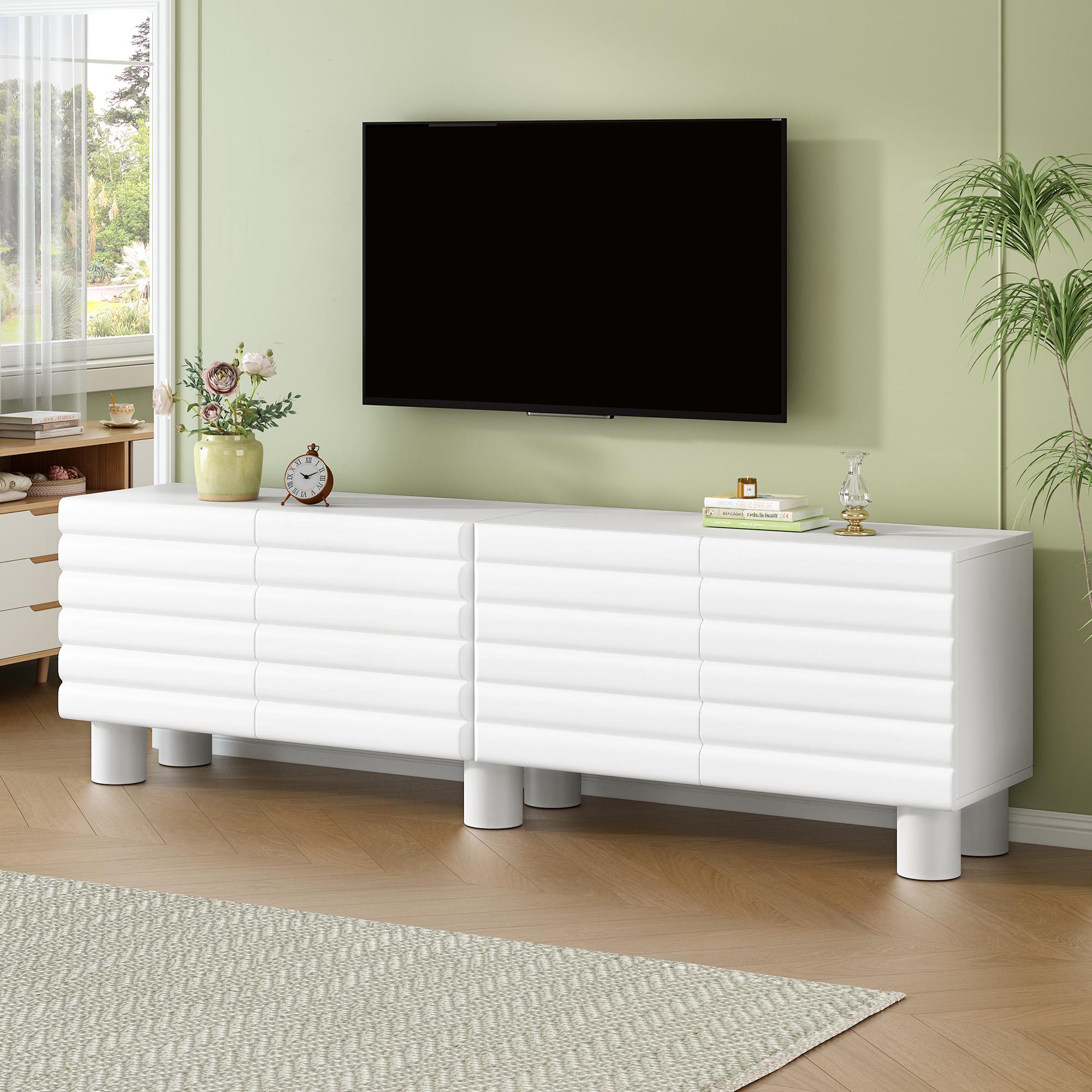 Modern Farmhouse MDF Wood Rectangular TV Stand - Cream White Single Unit for 75" TV, Wavy Door Media Console with Adjustable Shelves, 8 Cable Holes, Cylindrical Legs, Living Room Storage, Requires Assembly Modern Farmhouse MDF Wood Rectangular TV Stand - Cream White Single Unit for 75" TV, Wavy Door Media Console with Adjustable Shelves, 8 Cable Holes, Cylindrical Legs, Living Room Storage, Requires Assembly