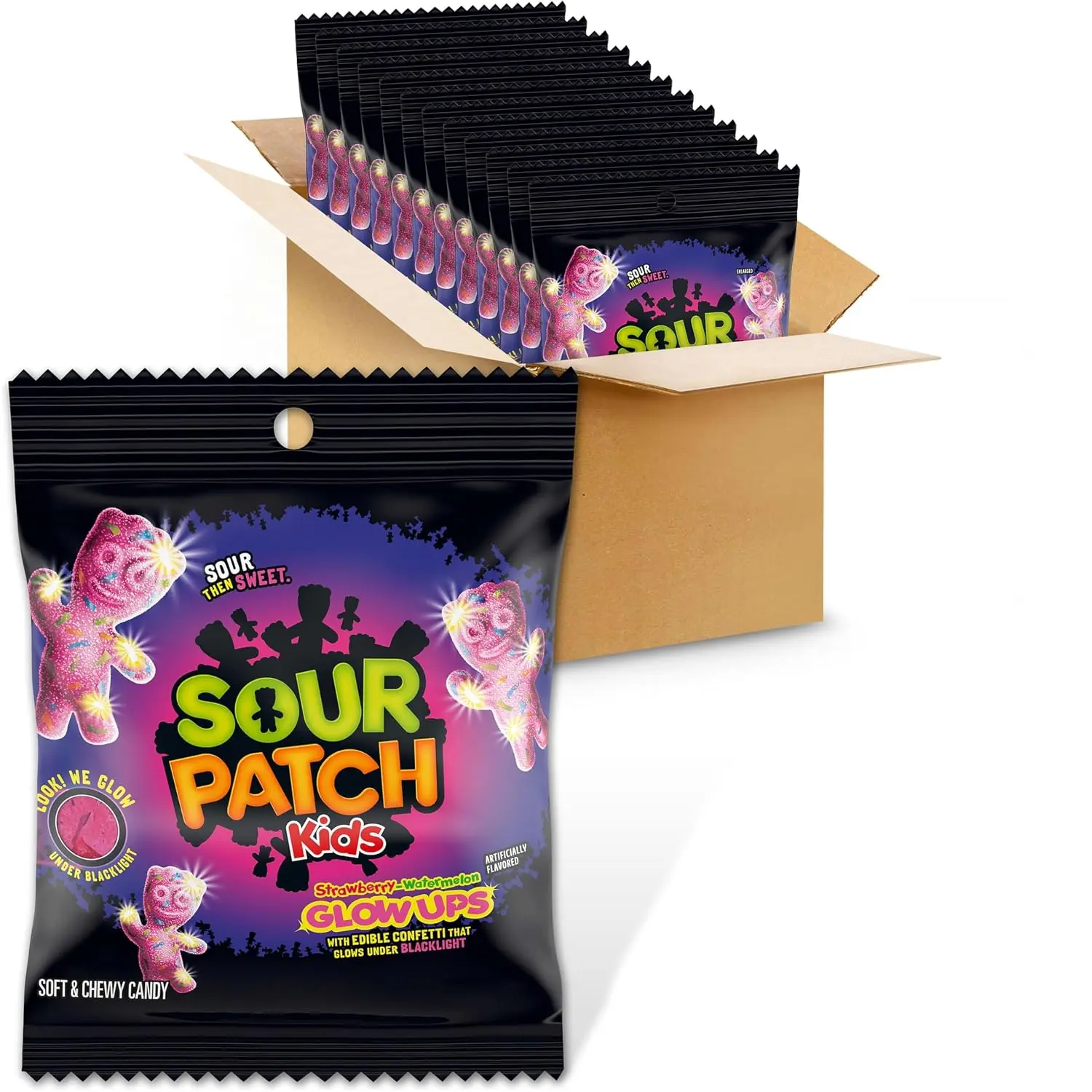 SOUR PATCH KIDS Glow Ups Strawberry-Watermelon Soft & Chewy Gummy Candies, Bulk Sweet Snack, 12-3.08 oz Bags
