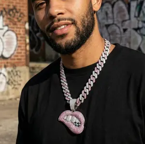 Iced Pink Lips Pendant Necklace, Cuban Link Chain, Hip Hop Jewelry