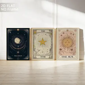 3 Pcs Unframed Sun Moon Stars Tarot Card Wall Art, Boho Mystical Canvas Prints, Celestial Astrology Posters, Witchy Aesthetic Room Decor, Spiritual Sun & Moon Murals for Bedroom, Living Room, Modern Occult Artwork Gift