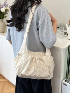 Style Bubble Grid Crossbody Bag, Drawstring Design Large Capacity Tote, Soft Texture Simple Versatile Daily Commute Casual Multi-Scene Durable Bag