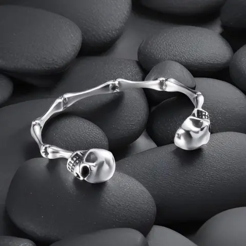 Vintage Gothic Skull Cuff Bracelet - 316L Stainless Steel Silver Adjustable Bangle, Skull & Bones Artistic Detail, Emo Biker Jewelry Bracelets, Exquisite Dark Aesthetic Horror Style Piece, Party Daily Wear Ideal Gift