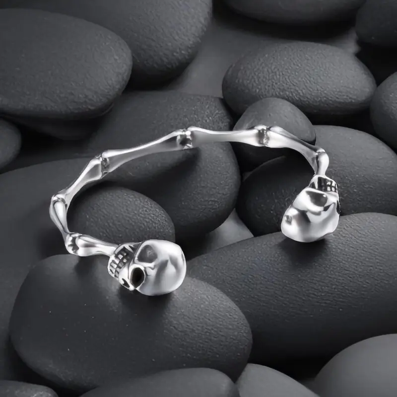 Vintage Gothic Skull Cuff Bracelet - 316L Stainless Steel Silver Adjustable Bangle, Skull & Bones Artistic Detail, Emo Biker Jewelry Bracelets, Exquisite Dark Aesthetic Horror Style Piece, Party Daily Wear Ideal Gift