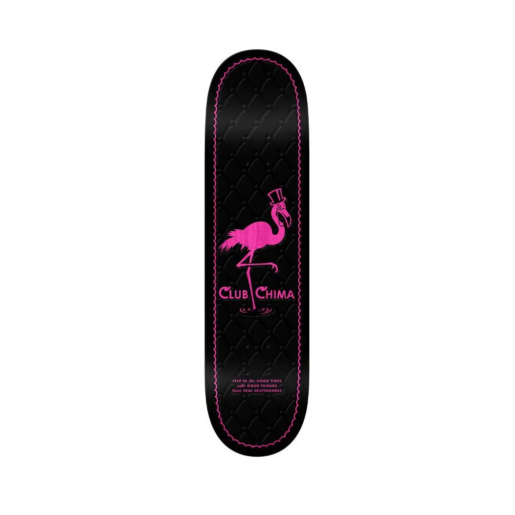 Real Skateboards Chima Ferguson Club Pro Skateboard Deck - 8.06"x31.5", 14" Wheelbase, Flamingo Graphic, R1 Construction, FULL SE Shape, Top Layer Stain Color Varies, Includes Small Sticker, 14 Inches Wheelbase Reference
