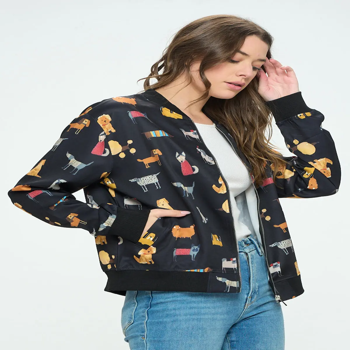 Dog Cartoon Print Bomber Jacket