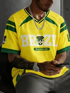 Unisex Brazilian Football Jersey Style T-Shirt, V-Neck Design, World Cup Streetwear, Loose Fit, Summer Casual Sportswear